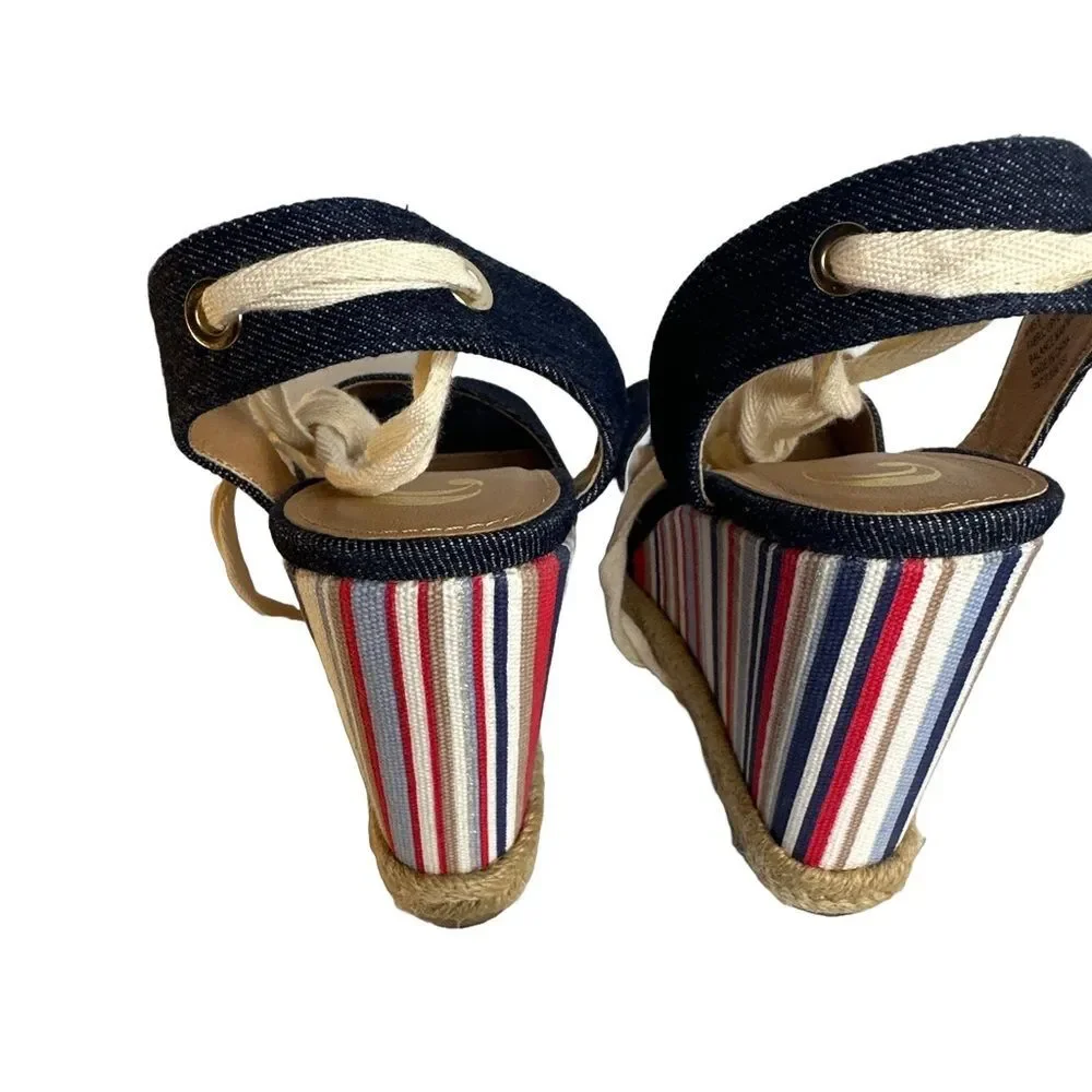 Charming Charlie Denim Espadrille Red/Blue/white Striped Wedge Sandals Size 9